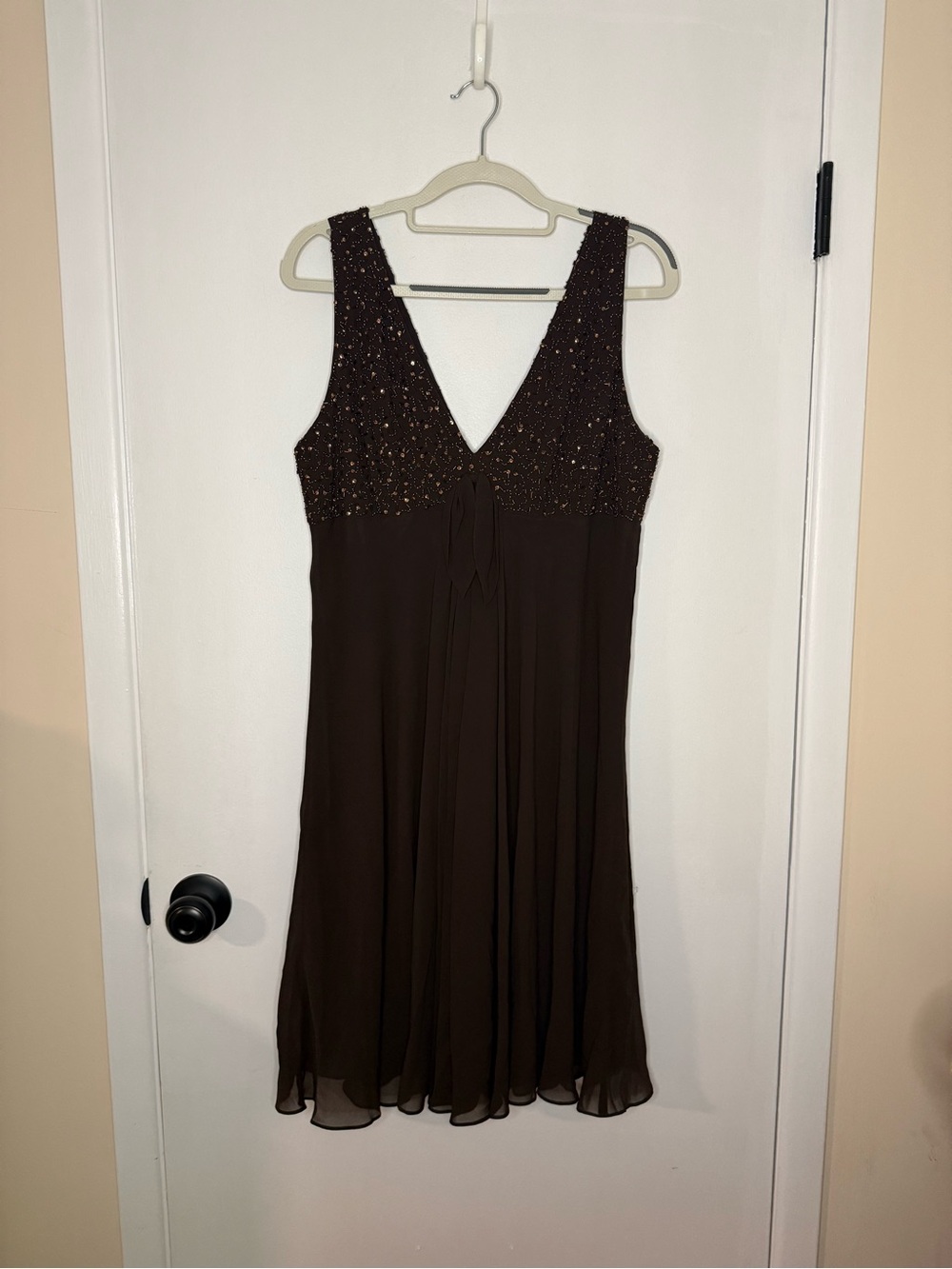 Vintage Beaded V-Neck Brown Midi Dress